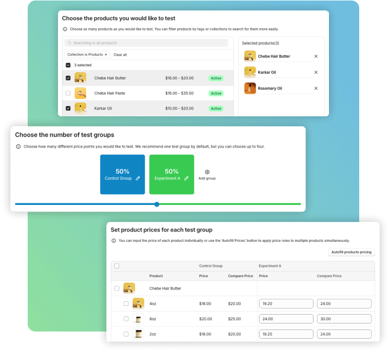 Quick setup and multi-price test preview